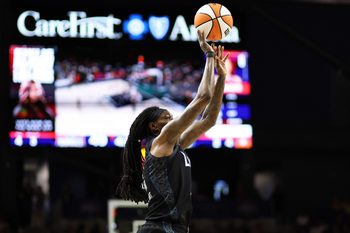 Jun 24, 2026; Washington, District of Columbia, USA; Minnesota Lynx forward Natasha Howard (1) takes a shot during the second half against the Washington Mystics at CareFirst Arena. Mandatory Credit: Daniel Kucin Jr.-Imagn Images