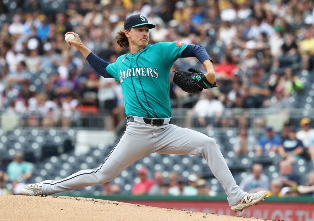 Jun 25, 2026; Pittsburgh, Pennsylvania, USA; Seattle Mariners starting pitcher Bryce Miller (50) delivers a pitch against the Pittsburgh Pirates during the first inning at PNC Park. Mandatory Credit: Charles LeClaire-Imagn Images