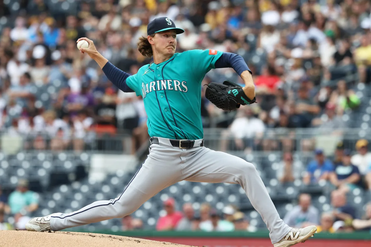 Jun 25, 2026; Pittsburgh, Pennsylvania, USA; Seattle Mariners starting pitcher Bryce Miller (50) delivers a pitch against the Pittsburgh Pirates during the first inning at PNC Park. Mandatory Credit: Charles LeClaire-Imagn Images