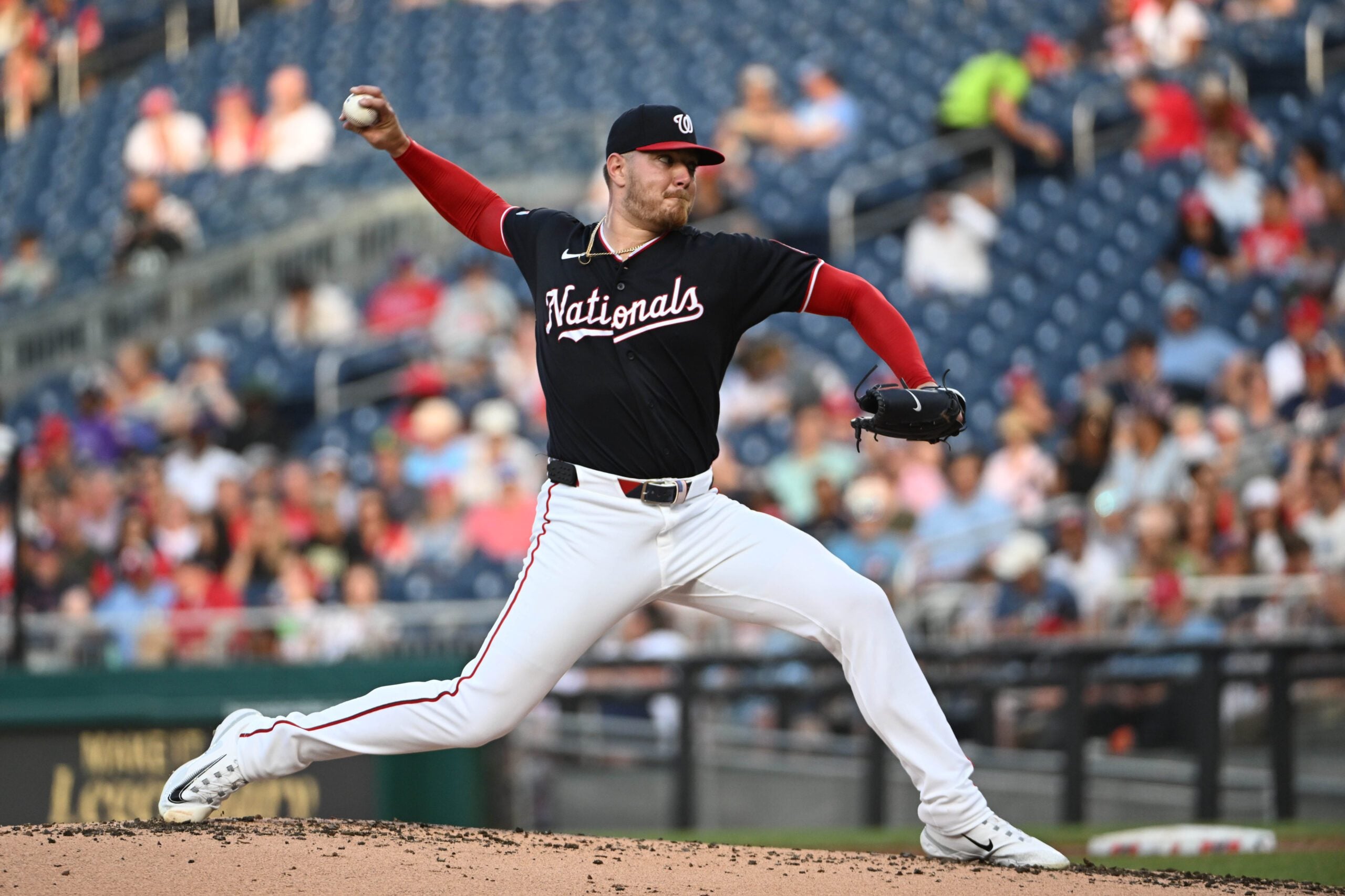 Jun 25, 2026; Washington, District of Columbia, USA; Washington Nationals pitcher Cade Cavalli (24) throws to the Philadelphia Phillies during the second inning at Nationals Park. Mandatory Credit: Brad Mills-Imagn Images