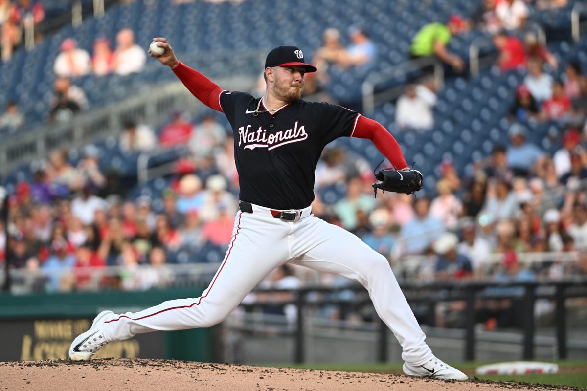 Jun 25, 2026; Washington, District of Columbia, USA; Washington Nationals pitcher Cade Cavalli (24) throws to the Philadelphia Phillies during the second inning at Nationals Park. Mandatory Credit: Brad Mills-Imagn Images