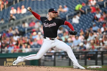 Jun 25, 2026; Washington, District of Columbia, USA; Washington Nationals pitcher Cade Cavalli (24) throws to the Philadelphia Phillies during the second inning at Nationals Park. Mandatory Credit: Brad Mills-Imagn Images