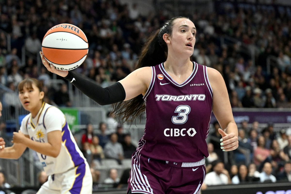 Jun 25, 2026; Toronto, Ontario, CAN; Toronto Tempo guard Marina Mabrey (3) controls a rebound against the Los Angeles Sparks in the first half at Coca-Cola Coliseum. Mandatory Credit: Dan Hamilton-Imagn Images