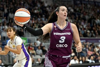 Jun 25, 2026; Toronto, Ontario, CAN; Toronto Tempo guard Marina Mabrey (3) controls a rebound against the Los Angeles Sparks in the first half at Coca-Cola Coliseum. Mandatory Credit: Dan Hamilton-Imagn Images
