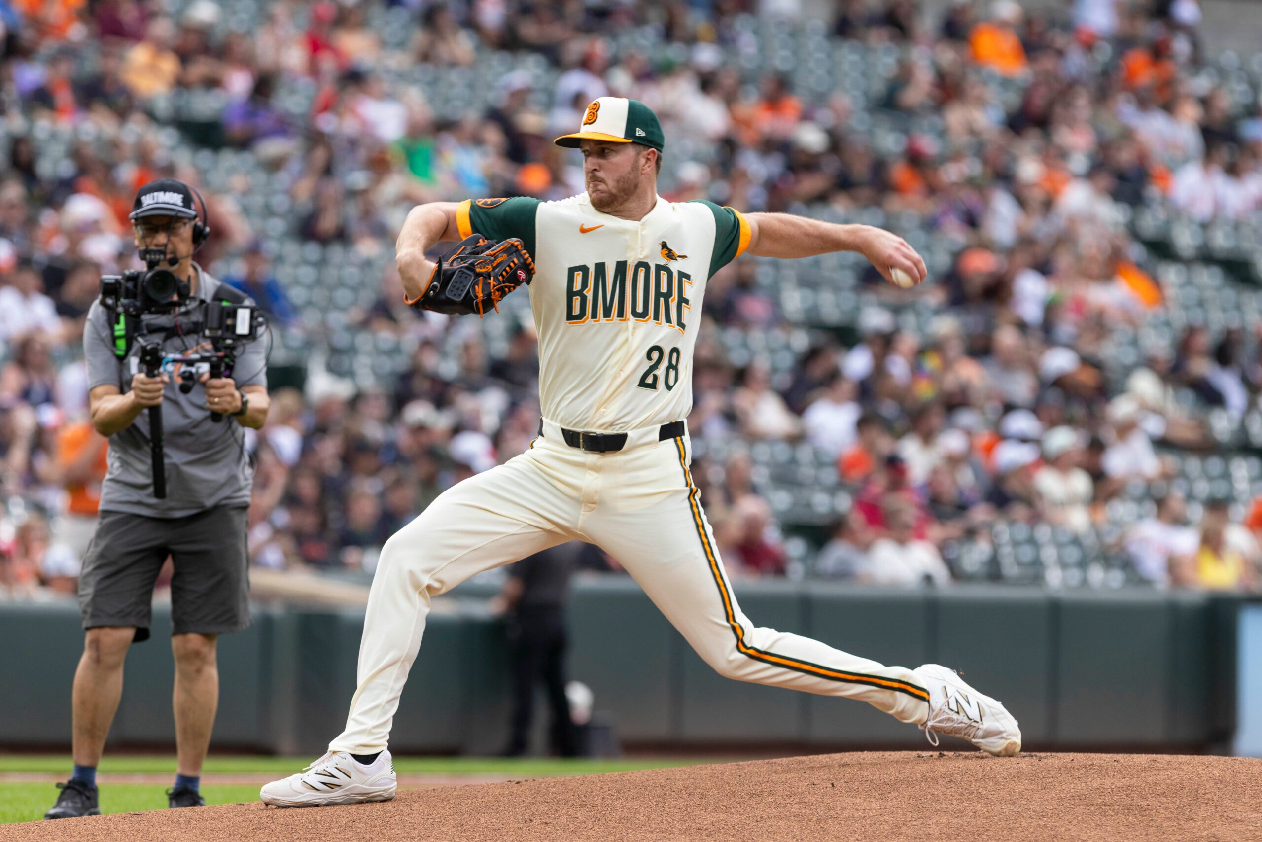 Jun 26, 2026; Baltimore, Maryland, USA; Baltimore Orioles pitcher Trevor Rogers (28) pitching in the first inning against the Washington Nationals at Oriole Park at Camden Yards. Mandatory Credit: Lexi Thompson-Imagn Images