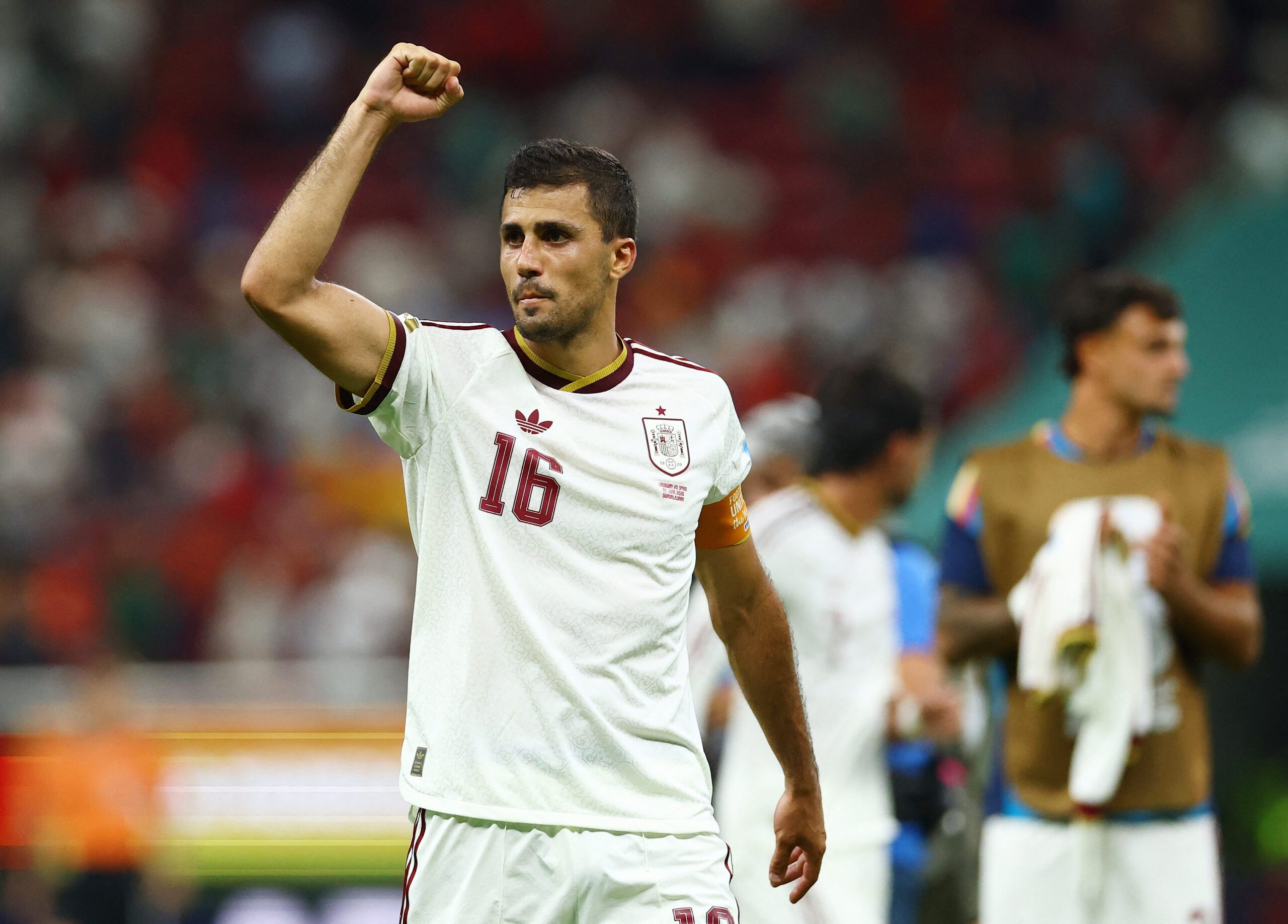 June 26, 2026; Guadalajara, Mexico; Spain's Rodri celebrates after the match.  Mandatory Credit: Daniel Becerril-Reuters via Imagn Images