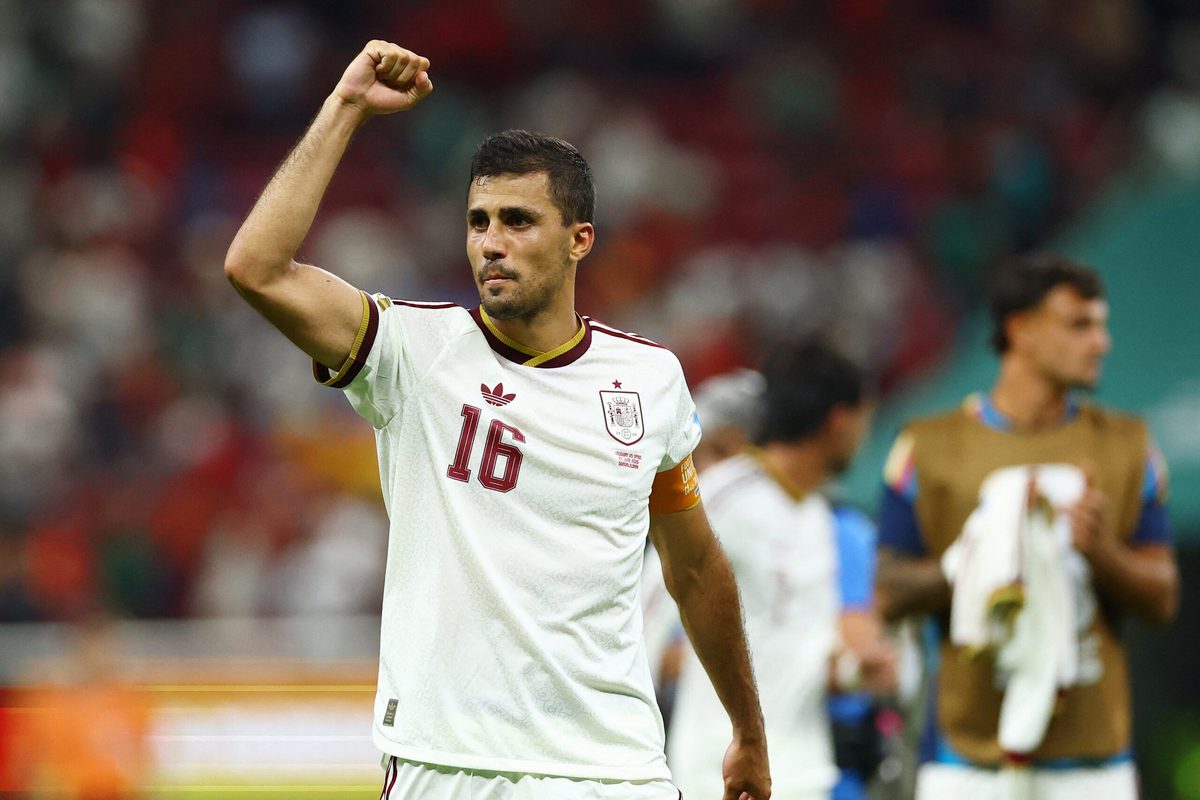 June 26, 2026; Guadalajara, Mexico; Spain's Rodri celebrates after the match. Mandatory Credit: Daniel Becerril-Reuters via Imagn Images