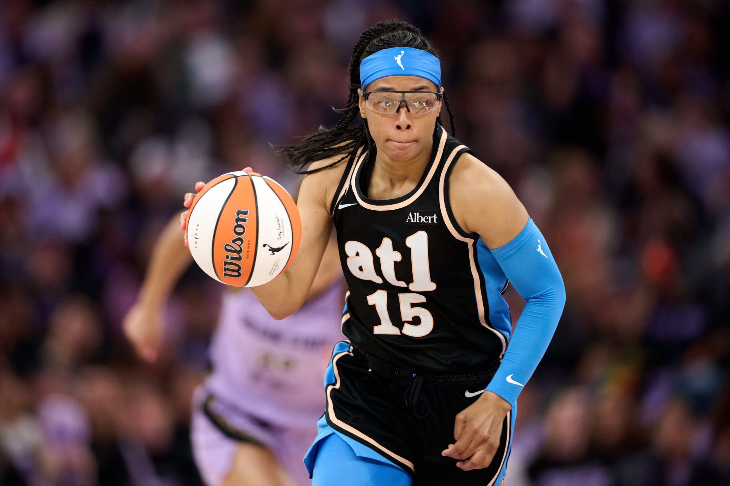 Jun 26, 2026; San Francisco, California, USA; Atlanta Dream guard Allisha Gray (15) brings the ball upcourt against the Golden State Valkyries during the fourth quarter at Chase Center. Mandatory Credit: Robert Edwards-Imagn Images