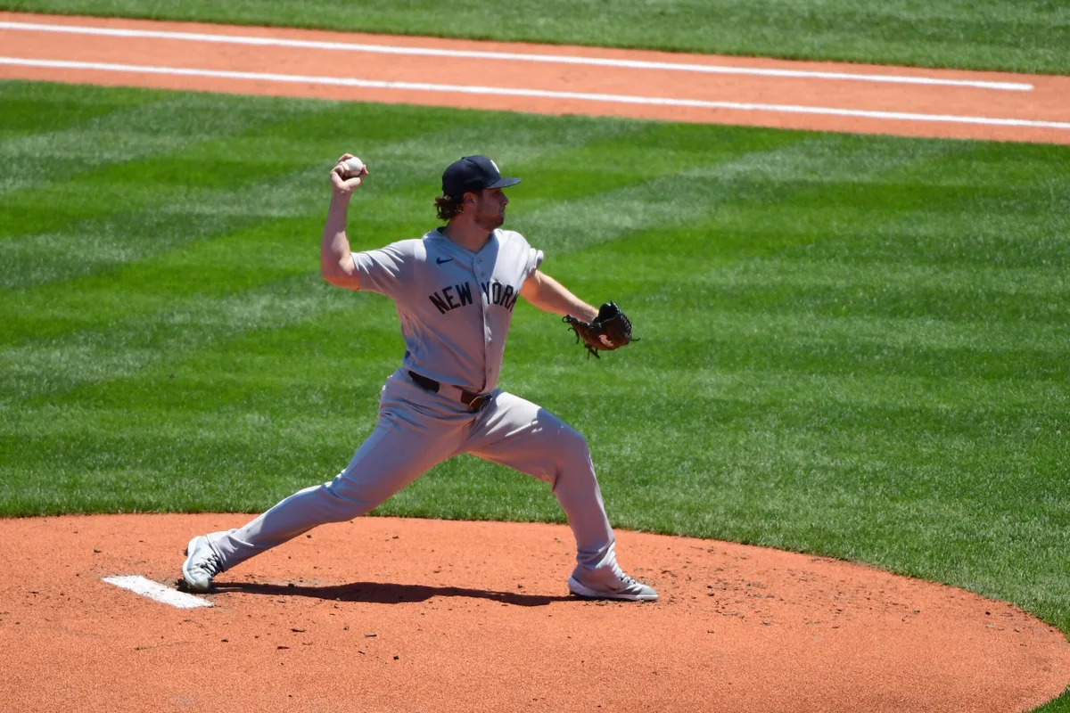 Jun 27, 2026; Boston, Massachusetts, USA; New York Yankees pitcher Gerrit Cole (45) pitches during the second inning against the Boston Red Sox at Fenway Park. Mandatory Credit: Bob DeChiara-Imagn Images