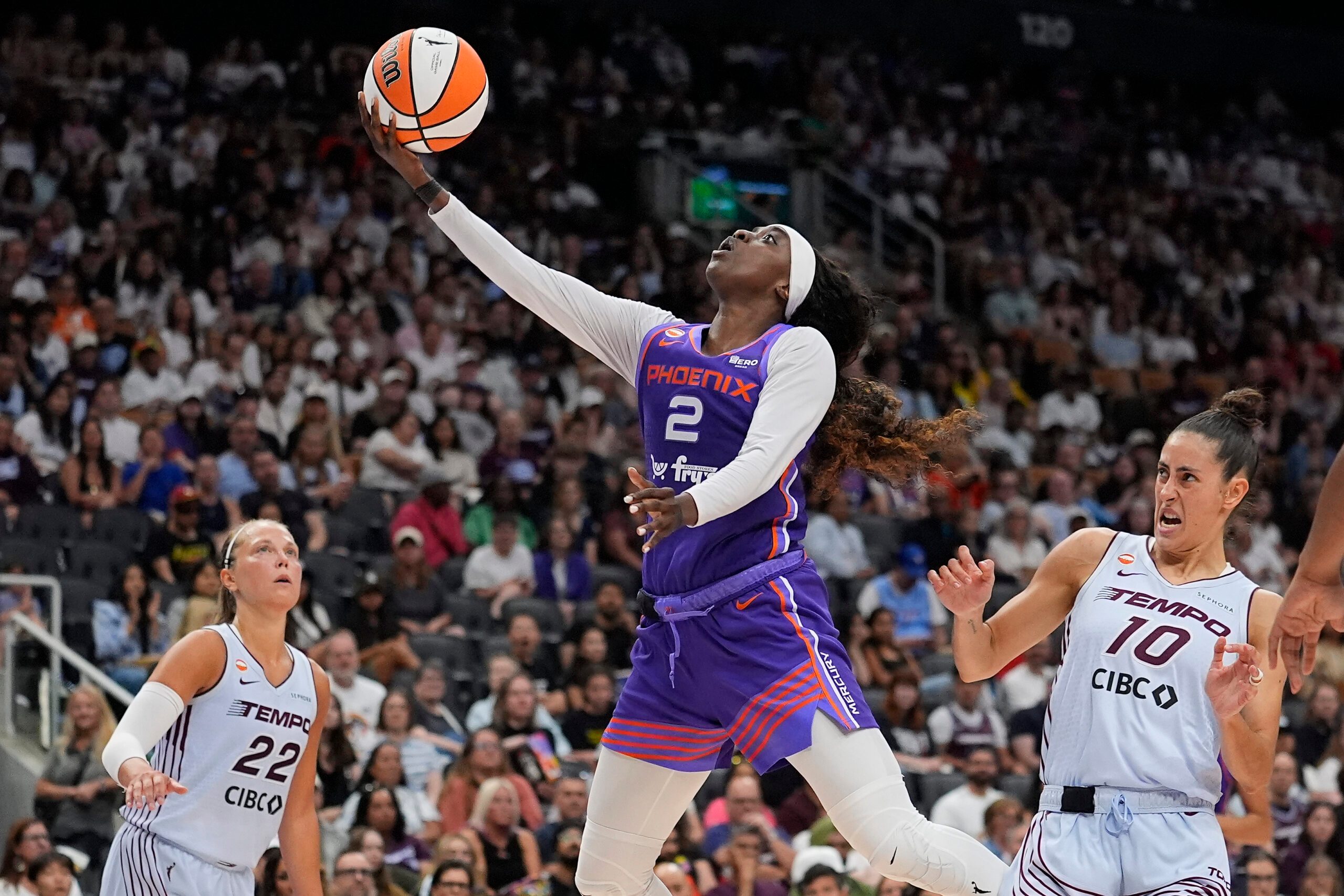 Jun 27, 2026; Toronto, Ontario, CAN; Phoenix Mercury guard Kahleah Copper (2) goes up to make a basket against Toronto Tempo forward Maria Conde (10) during the second half at Scotiabank Arena. Mandatory Credit: John E. Sokolowski-Imagn Images