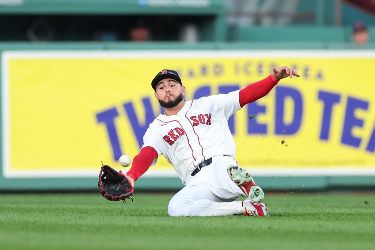 Jun 28, 2026; Boston, Massachusetts, USA; Boston Red Sox right fielder Wilyer Abreu (52) catches a fly ball during the third inning against the New York Yankees at Fenway Park. Mandatory Credit: Paul Rutherford-Imagn Images