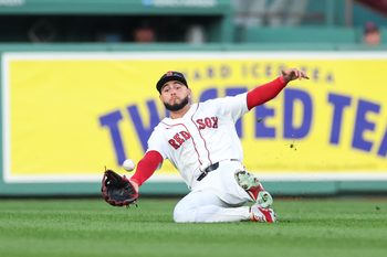 Jun 28, 2026; Boston, Massachusetts, USA; Boston Red Sox right fielder Wilyer Abreu (52) catches a fly ball during the third inning against the New York Yankees at Fenway Park. Mandatory Credit: Paul Rutherford-Imagn Images