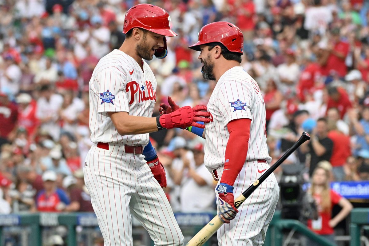 Jun 29, 2026; Philadelphia, Pennsylvania, USA; Philadelphia Phillies shortstop Trea Turner (7) celebrates his home run with designated hitter Kyle Schwarber (12) during the first inning against the Pittsburgh Pirates at Citizens Bank Park. Mandatory Credit: Eric Hartline-Imagn Images