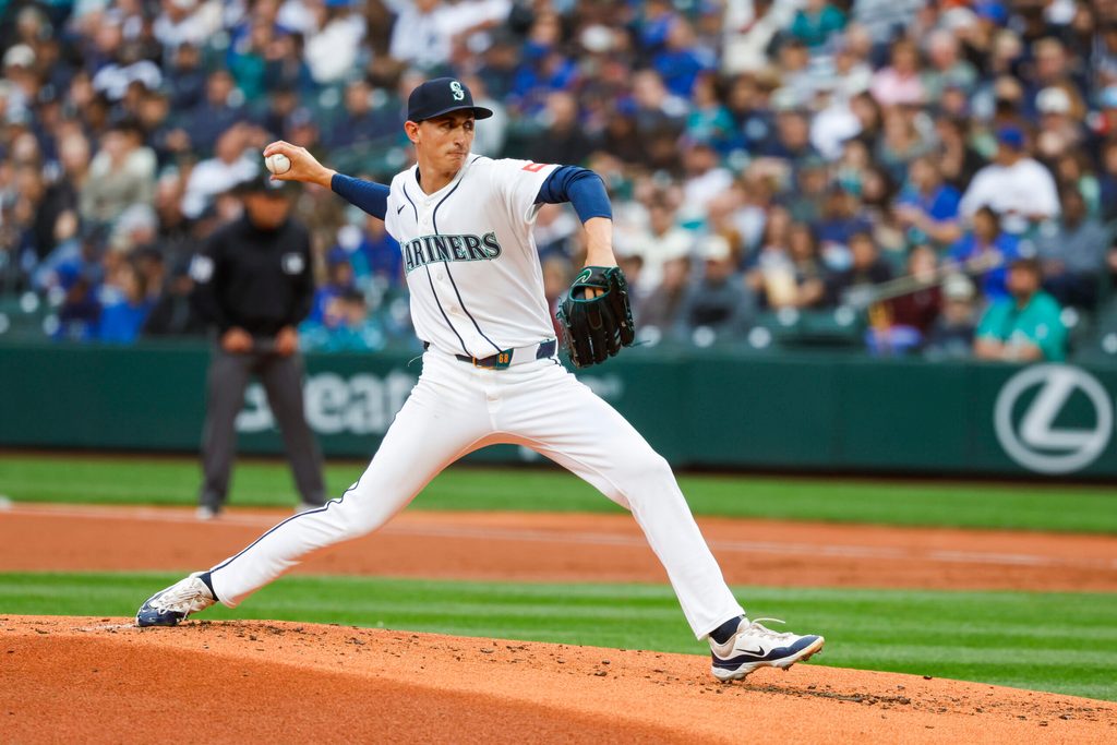 Jun 29, 2026; Seattle, Washington, USA; Seattle Mariners starting pitcher George Kirby (68) throws against the Los Angeles Angels during the second inning at T-Mobile Park. Mandatory Credit: Joe Nicholson-Imagn Images
