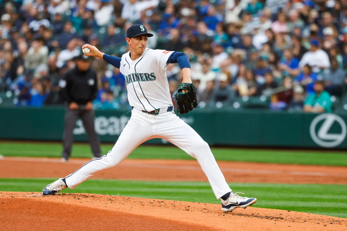 Jun 29, 2026; Seattle, Washington, USA; Seattle Mariners starting pitcher George Kirby (68) throws against the Los Angeles Angels during the second inning at T-Mobile Park. Mandatory Credit: Joe Nicholson-Imagn Images