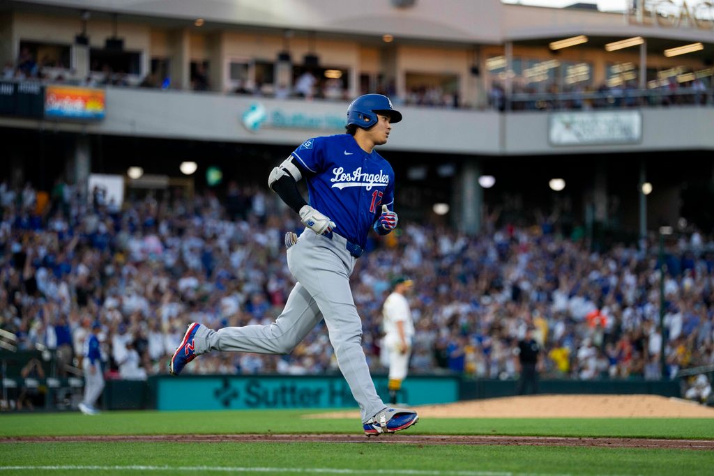Jun 29, 2026; West Sacramento, California, USA; Los Angeles Dodgers designated hitter Shohei Ohtani (17) runs toward first after hitting a three-run home run against the Athletics in the sixth inning at Sutter Health Park. Mandatory Credit: Cary Edmondson-Imagn Images
