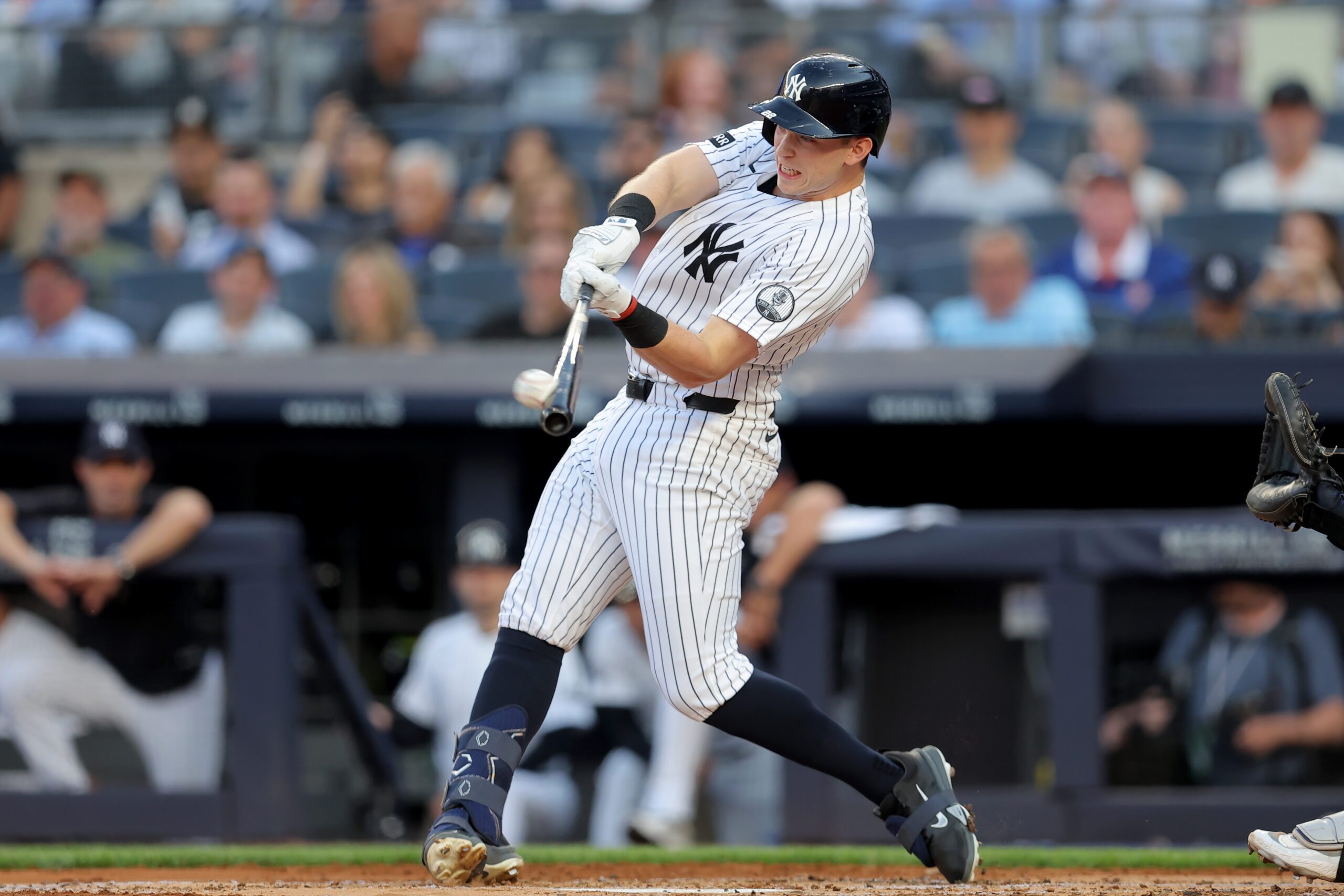 Jun 30, 2026; Bronx, New York, USA; New York Yankees designated hitter Ben Rice (22) hits a solo home run against the Detroit Tigers during the first inning at Yankee Stadium. Mandatory Credit: Brad Penner-Imagn Images