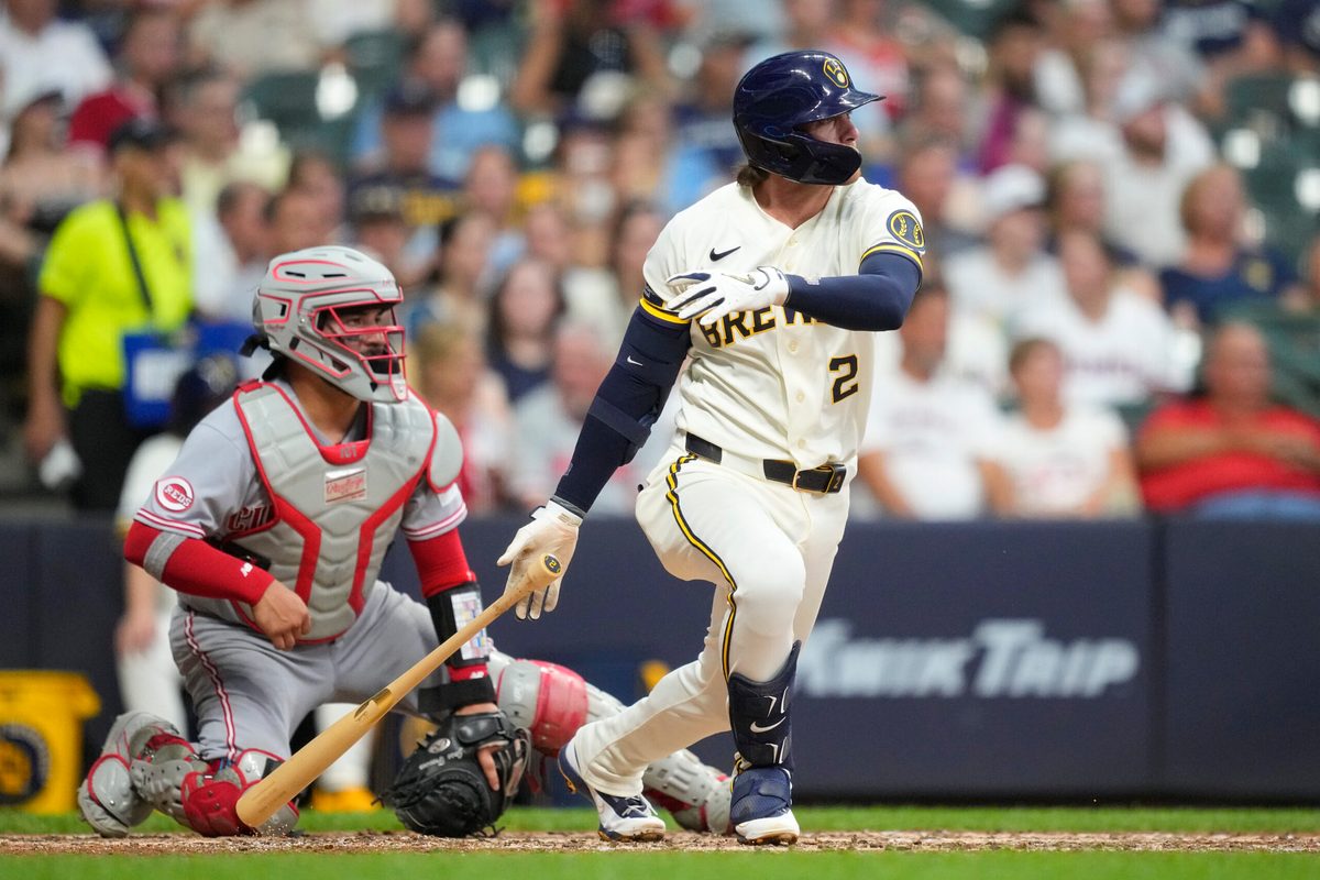 Jun 30, 2026; Milwaukee, Wisconsin, USA;  Milwaukee Brewers second baseman Brice Turang (2) singles during the sixth inning against the Cincinnati Reds at American Family Field. Mandatory Credit: Jeff Hanisch-Imagn Images