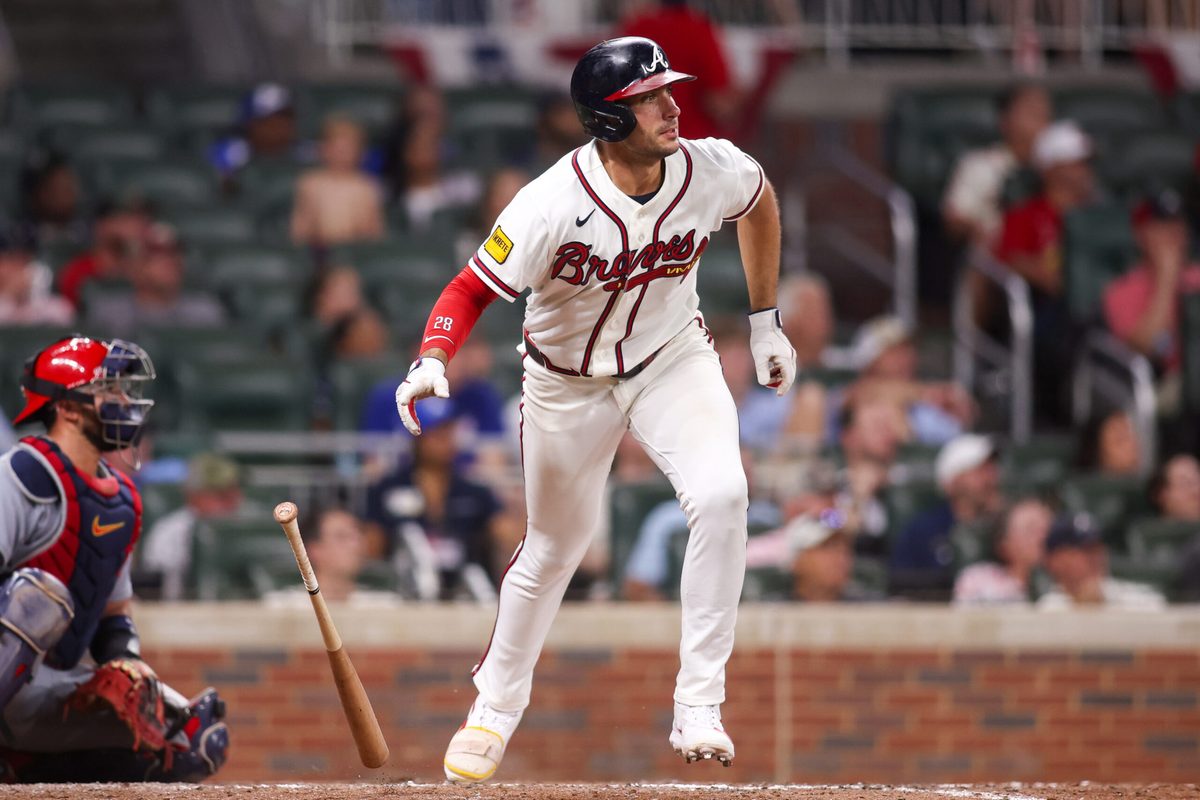 Jun 30, 2026; Atlanta, Georgia, USA; Atlanta Braves first baseman Matt Olson (28) hits a double against the St. Louis Cardinals in the ninth inning at Truist Park. Mandatory Credit: Brett Davis-Imagn Images