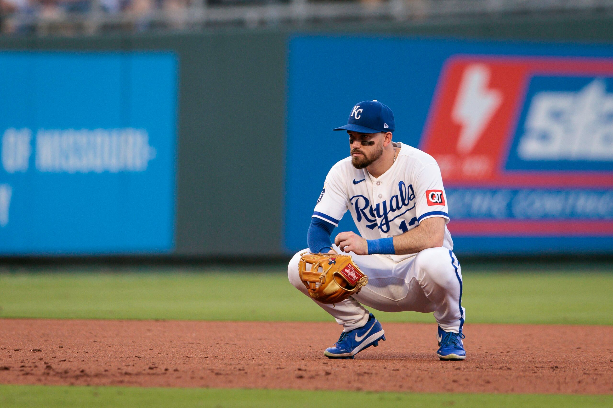 Jun 30, 2026; Kansas City, Missouri, USA; Kansas City Royals second baseman Nick Loftin (12) on the field during the fifth inning against the Tampa Bay Rays at Kauffman Stadium. Mandatory Credit: William Purnell-Imagn Images