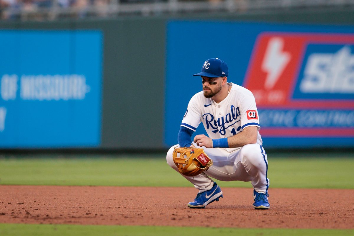 Jun 30, 2026; Kansas City, Missouri, USA; Kansas City Royals second baseman Nick Loftin (12) on the field during the fifth inning against the Tampa Bay Rays at Kauffman Stadium. Mandatory Credit: William Purnell-Imagn Images