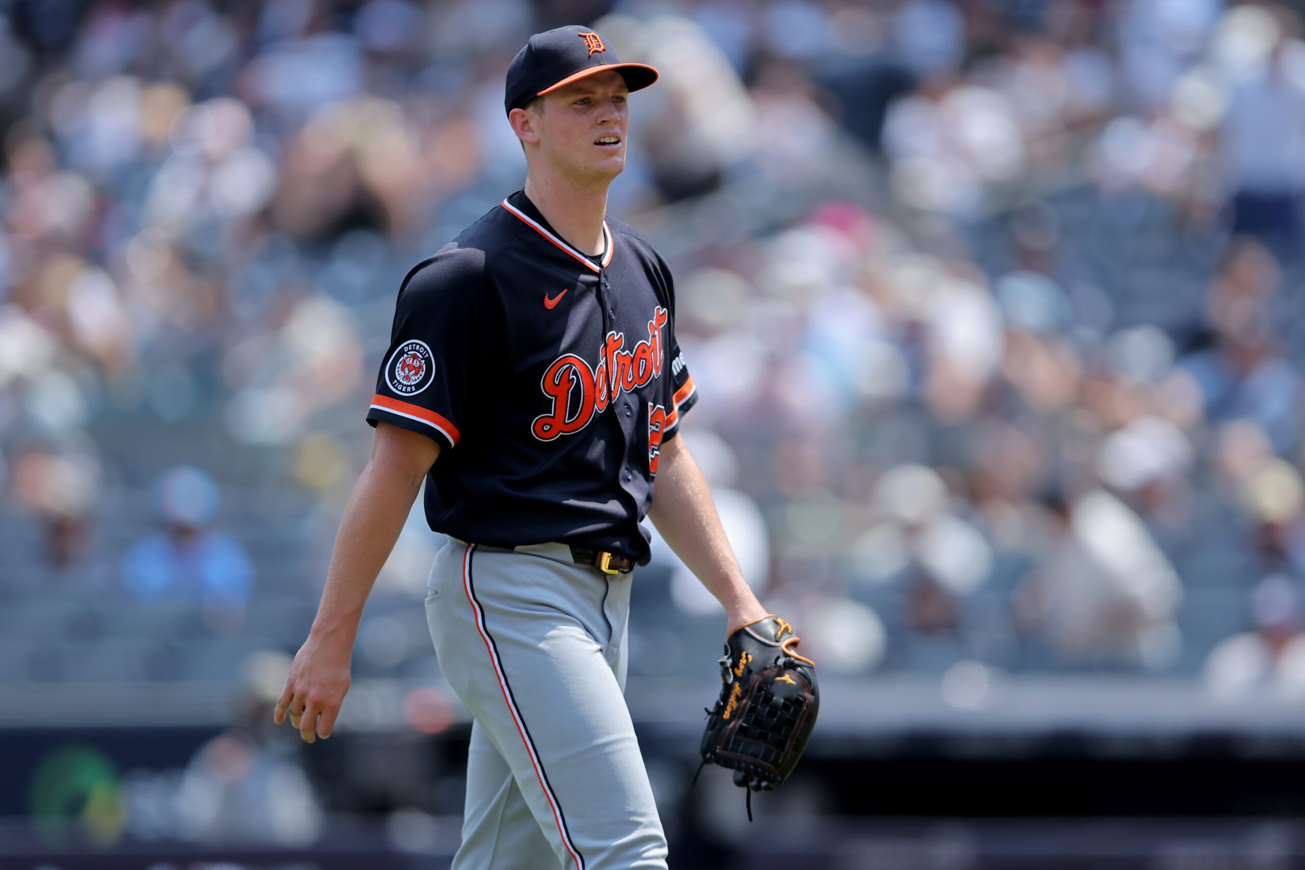 Jul 1, 2026; Bronx, New York, USA; Detroit Tigers starting pitcher Troy Melton (52) reacts as he walks off the field after the second inning against the New York Yankees at Yankee Stadium. Mandatory Credit: Brad Penner-Imagn Images