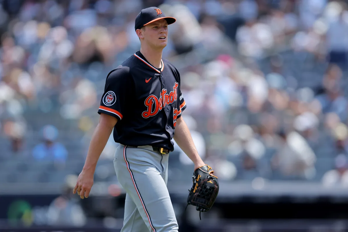 Jul 1, 2026; Bronx, New York, USA; Detroit Tigers starting pitcher Troy Melton (52) reacts as he walks off the field after the second inning against the New York Yankees at Yankee Stadium. Mandatory Credit: Brad Penner-Imagn Images