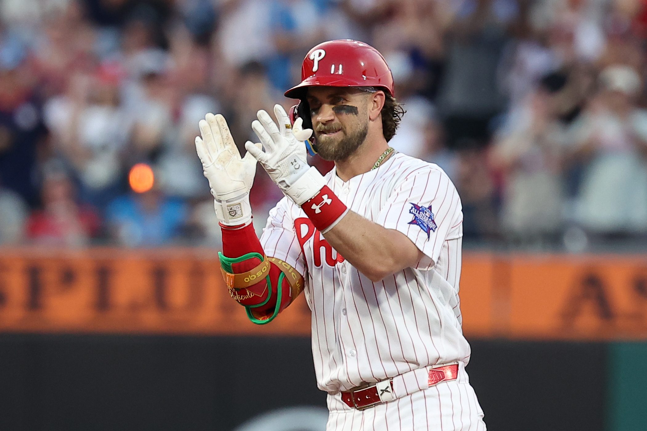 Jul 1, 2026; Philadelphia, Pennsylvania, USA; Philadelphia Phillies first baseman Bryce Harper (3) reacts after hitting a two RBI double against the Pittsburgh Pirates during the fourth inning at Citizens Bank Park. Mandatory Credit: Bill Streicher-Imagn Images