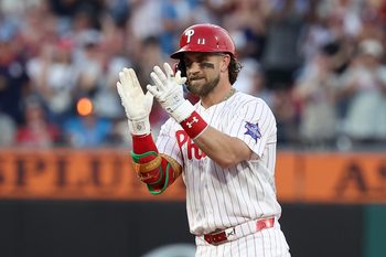 Jul 1, 2026; Philadelphia, Pennsylvania, USA; Philadelphia Phillies first baseman Bryce Harper (3) reacts after hitting a two RBI double against the Pittsburgh Pirates during the fourth inning at Citizens Bank Park. Mandatory Credit: Bill Streicher-Imagn Images