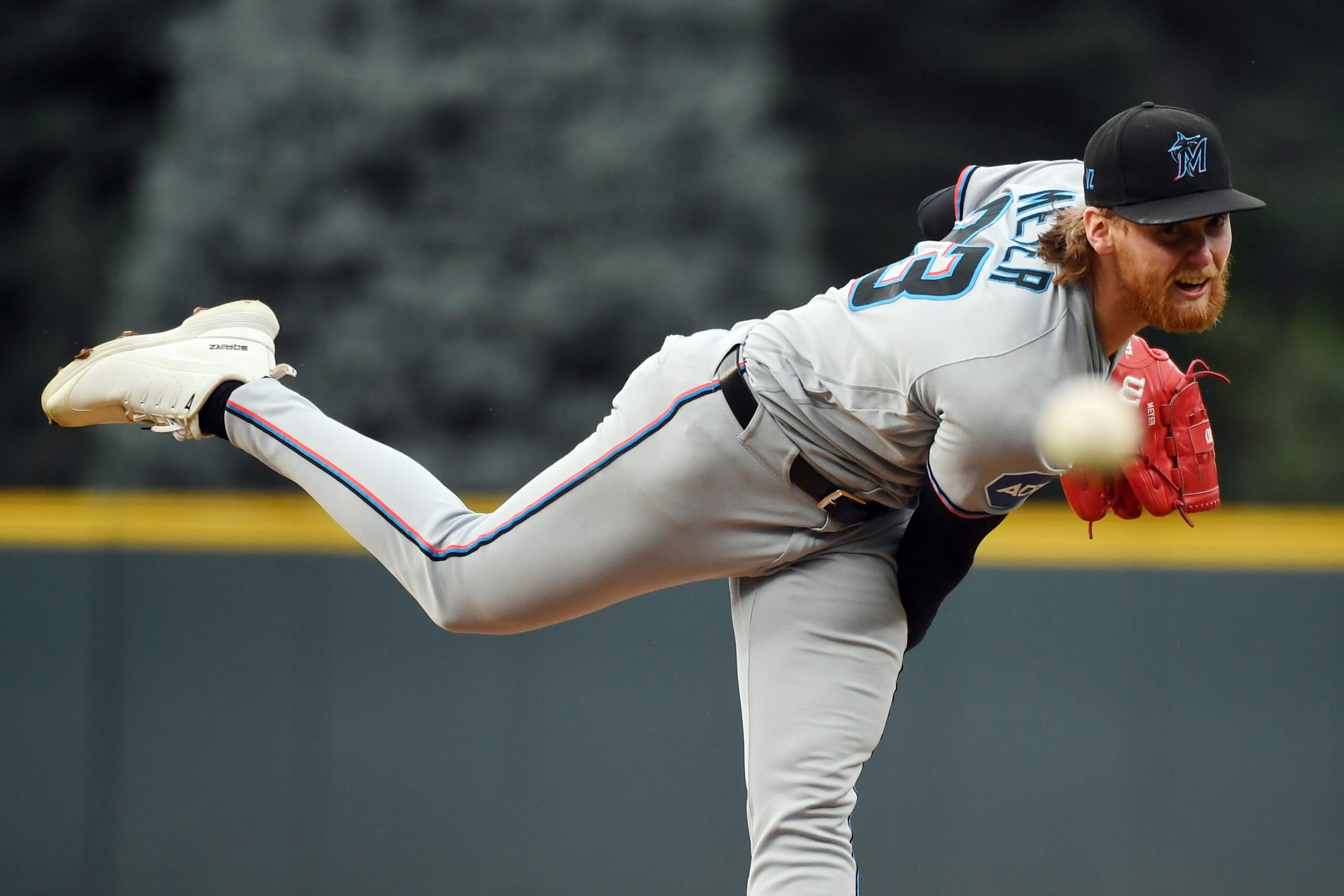Jul 1, 2026; Denver, Colorado, USA; Miami Marlins pitcher Max Meyer (23) pitches in the first inning against the Colorado Rockies at Coors Field. Mandatory Credit: Christopher Hanewinckel-Imagn Images