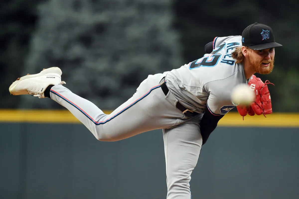 Jul 1, 2026; Denver, Colorado, USA; Miami Marlins pitcher Max Meyer (23) pitches in the first inning against the Colorado Rockies at Coors Field. Mandatory Credit: Christopher Hanewinckel-Imagn Images