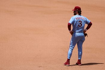 Jul 2, 2026; Philadelphia, Pennsylvania, USA; Philadelphia Phillies first baseman Bryce Harper (3) looks on during the fifth inning against the Pittsburgh Pirates at Citizens Bank Park. Mandatory Credit: Bill Streicher-Imagn Images