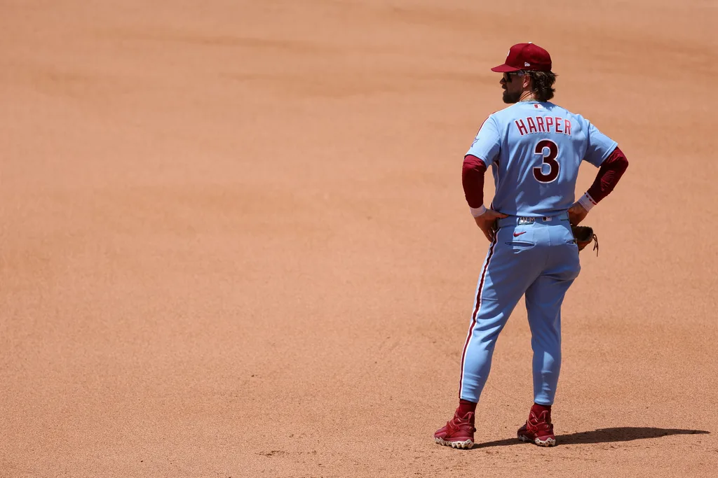 Jul 2, 2026; Philadelphia, Pennsylvania, USA; Philadelphia Phillies first baseman Bryce Harper (3) looks on during the fifth inning against the Pittsburgh Pirates at Citizens Bank Park. Mandatory Credit: Bill Streicher-Imagn Images