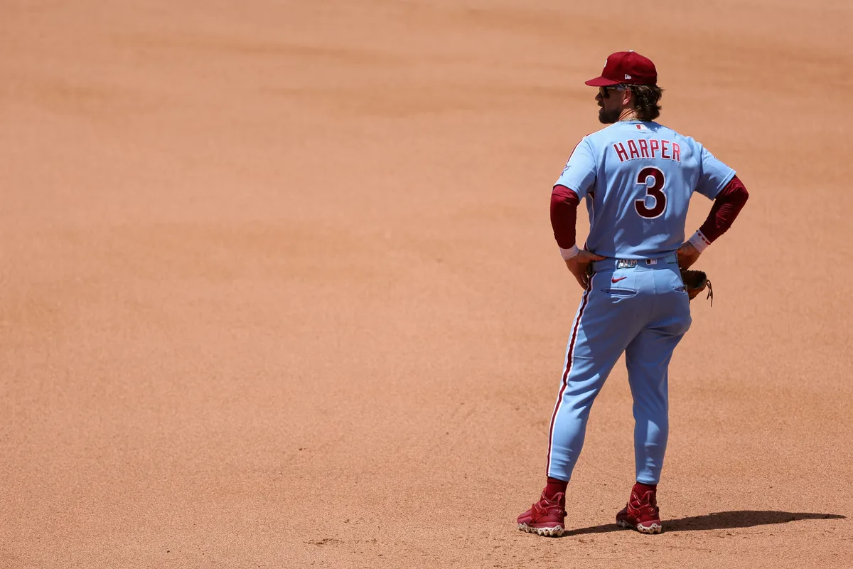 Jul 2, 2026; Philadelphia, Pennsylvania, USA; Philadelphia Phillies first baseman Bryce Harper (3) looks on during the fifth inning against the Pittsburgh Pirates at Citizens Bank Park. Mandatory Credit: Bill Streicher-Imagn Images