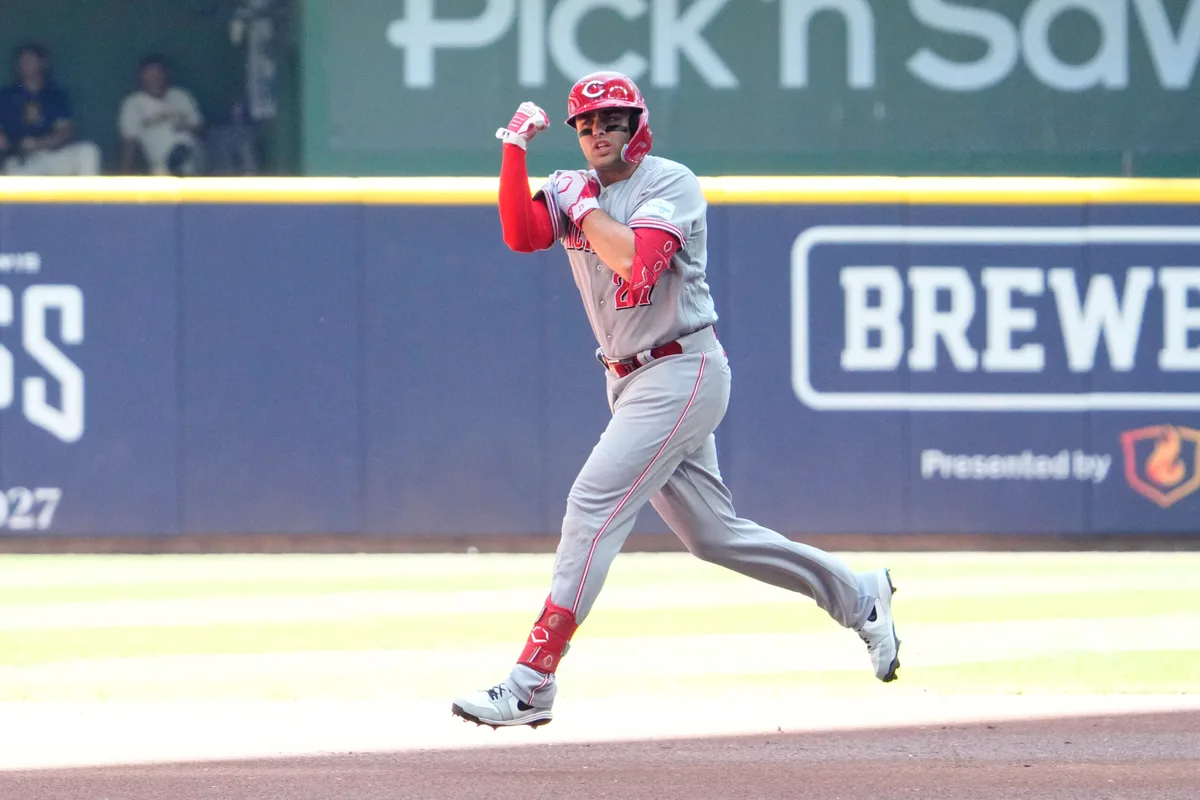 Jul 2, 2026; Milwaukee, Wisconsin, USA; Cincinnati Reds first baseman Sal Stewart (27) rounds the bases after hitting a home run against the Milwaukee Brewers in the first inning at American Family Field. Mandatory Credit: Michael McLoone-Imagn Images