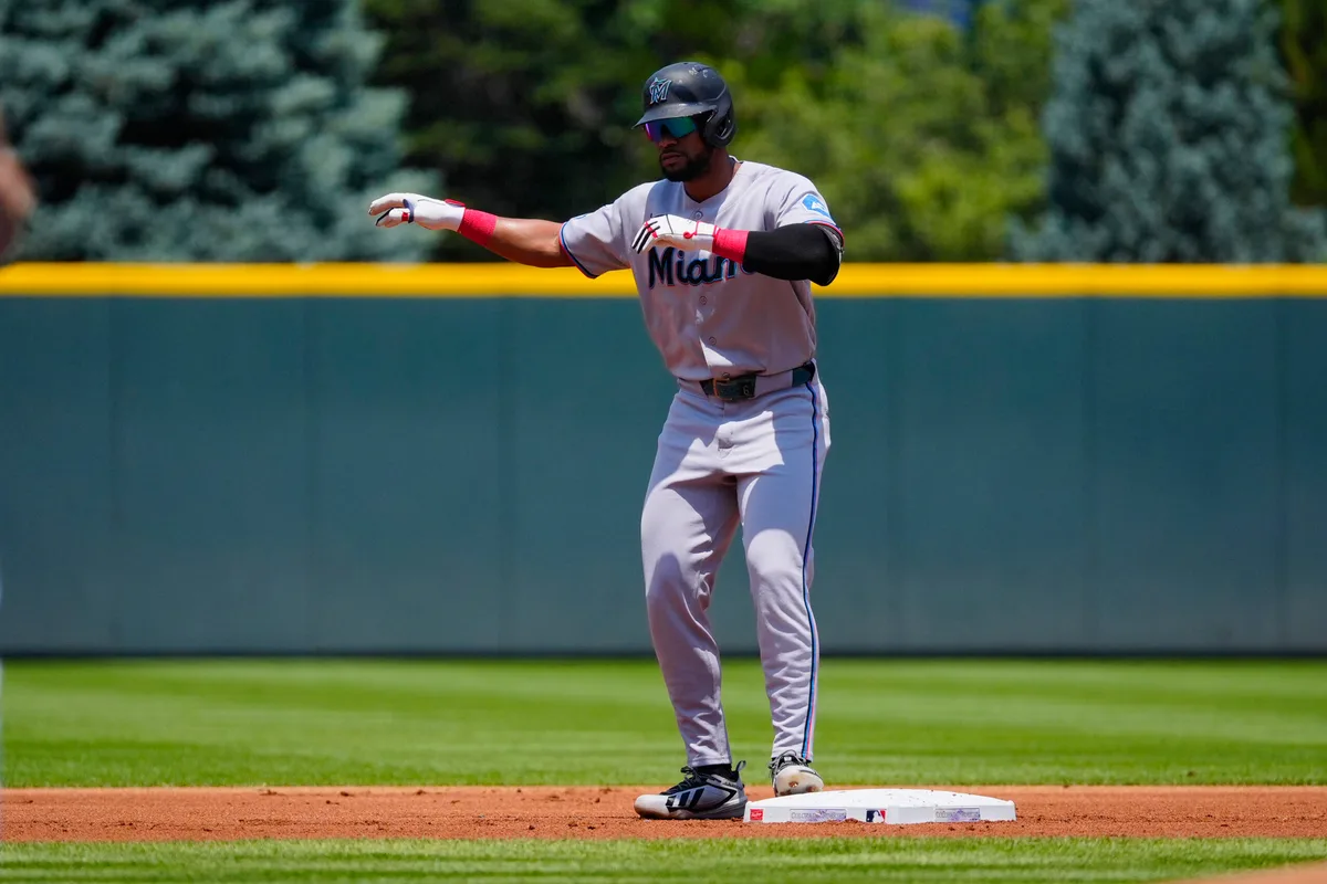 Jul 2, 2026; Denver, Colorado, USA; Miami Marlins shortstop Otto Lopez (6) reacts after his double in the first inning against the Colorado Rockies at Coors Field. Mandatory Credit: Ron Chenoy-Imagn Images
