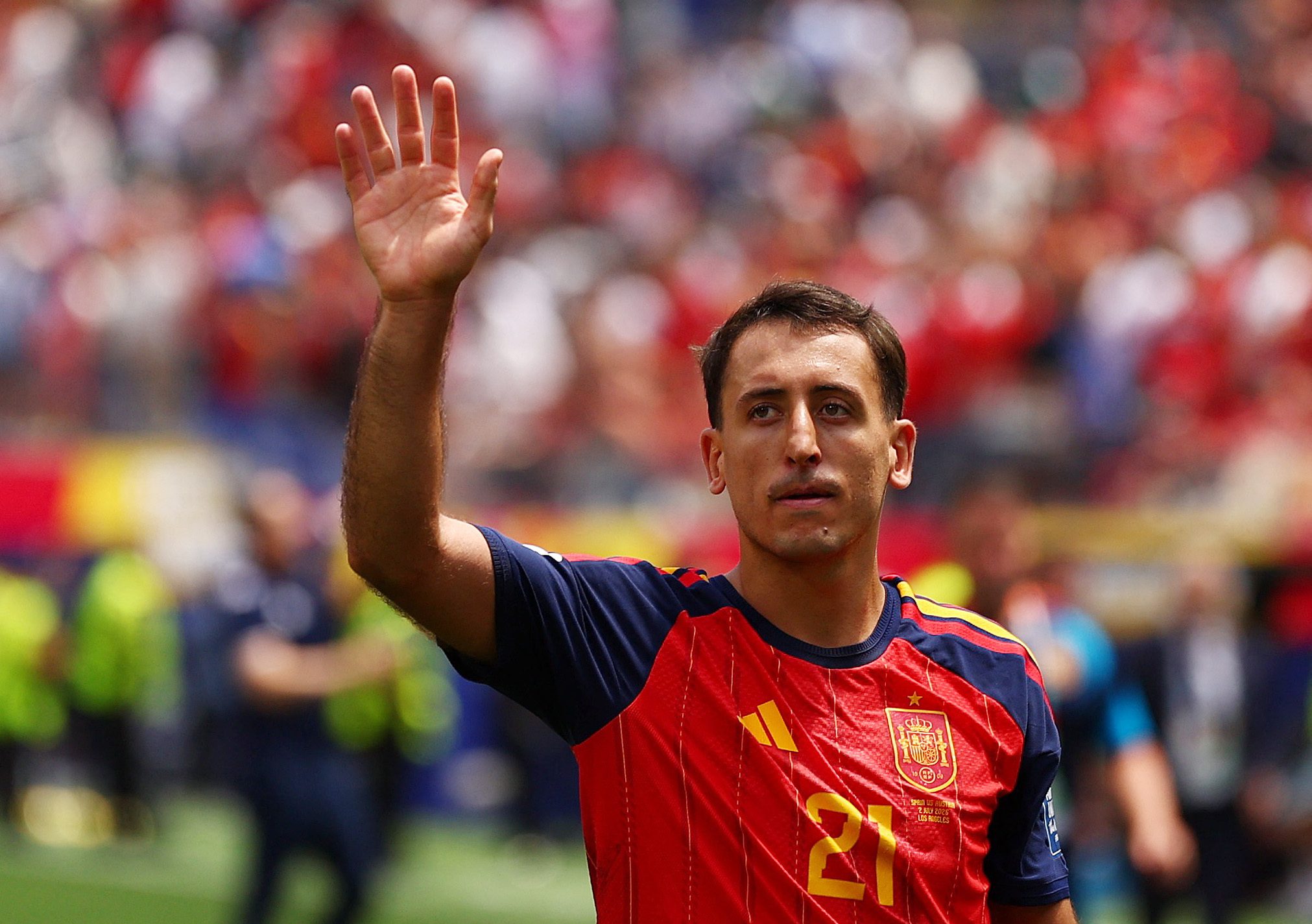 July 2, 2026; Inglewood, California, U.S.; Spain's Mikel Oyarzabal celebrates after the match.  Mandatory Credit: Jessie Alcheh-Imagn Images