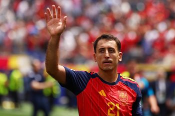 July 2, 2026; Inglewood, California, U.S.; Spain's Mikel Oyarzabal celebrates after the match.  Mandatory Credit: Jessie Alcheh-Imagn Images