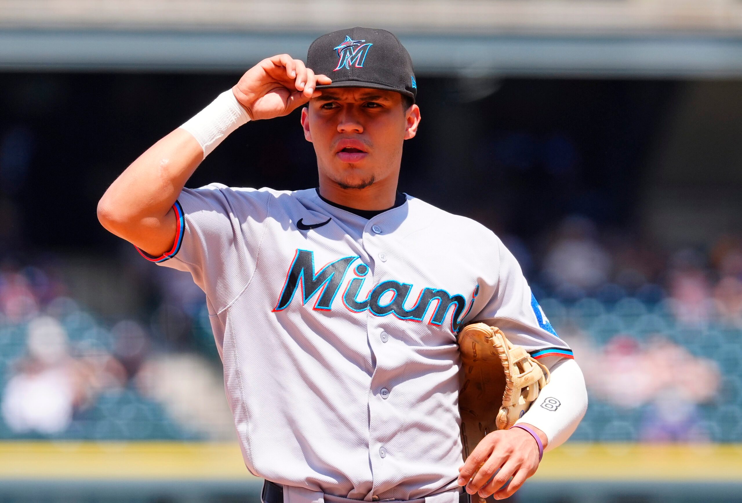 Jul 2, 2026; Denver, Colorado, USA; Miami Marlins third baseman Javier Sanoja (8) during the fourth inning against the Colorado Rockies at Coors Field. Mandatory Credit: Ron Chenoy-Imagn Images