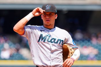 Jul 2, 2026; Denver, Colorado, USA; Miami Marlins third baseman Javier Sanoja (8) during the fourth inning against the Colorado Rockies at Coors Field. Mandatory Credit: Ron Chenoy-Imagn Images
