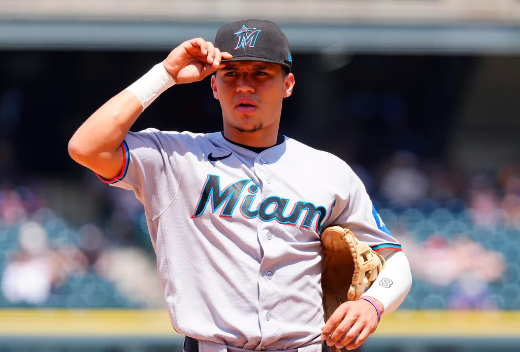Jul 2, 2026; Denver, Colorado, USA; Miami Marlins third baseman Javier Sanoja (8) during the fourth inning against the Colorado Rockies at Coors Field. Mandatory Credit: Ron Chenoy-Imagn Images