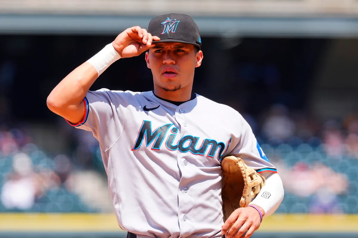 Jul 2, 2026; Denver, Colorado, USA; Miami Marlins third baseman Javier Sanoja (8) during the fourth inning against the Colorado Rockies at Coors Field. Mandatory Credit: Ron Chenoy-Imagn Images