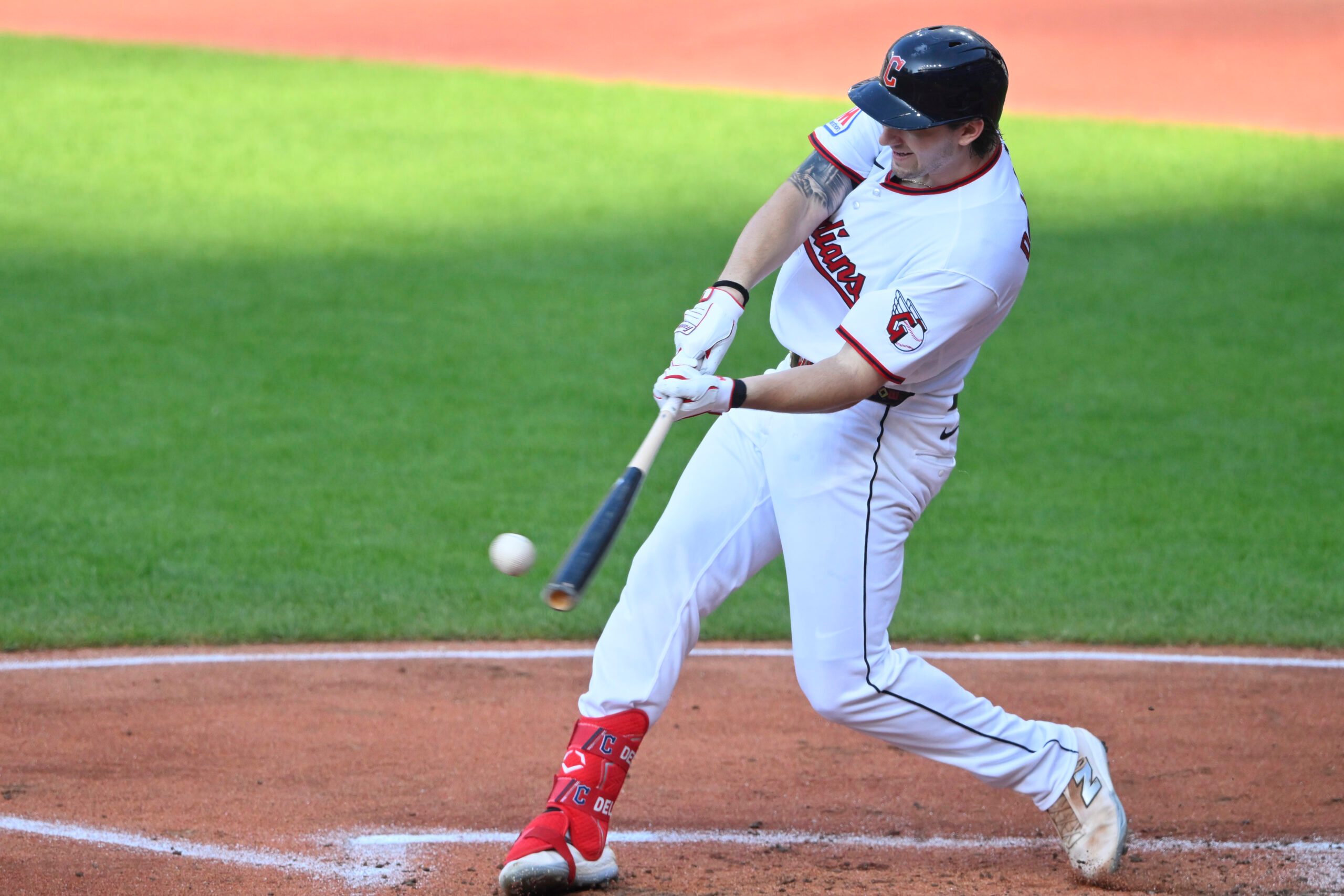 Jul 2, 2026; Cleveland, Ohio, USA; Cleveland Guardians designated hitter Chase DeLauter (24) singles in the first inning against the Chicago White Sox at Progressive Field. Mandatory Credit: David Richard-Imagn Images