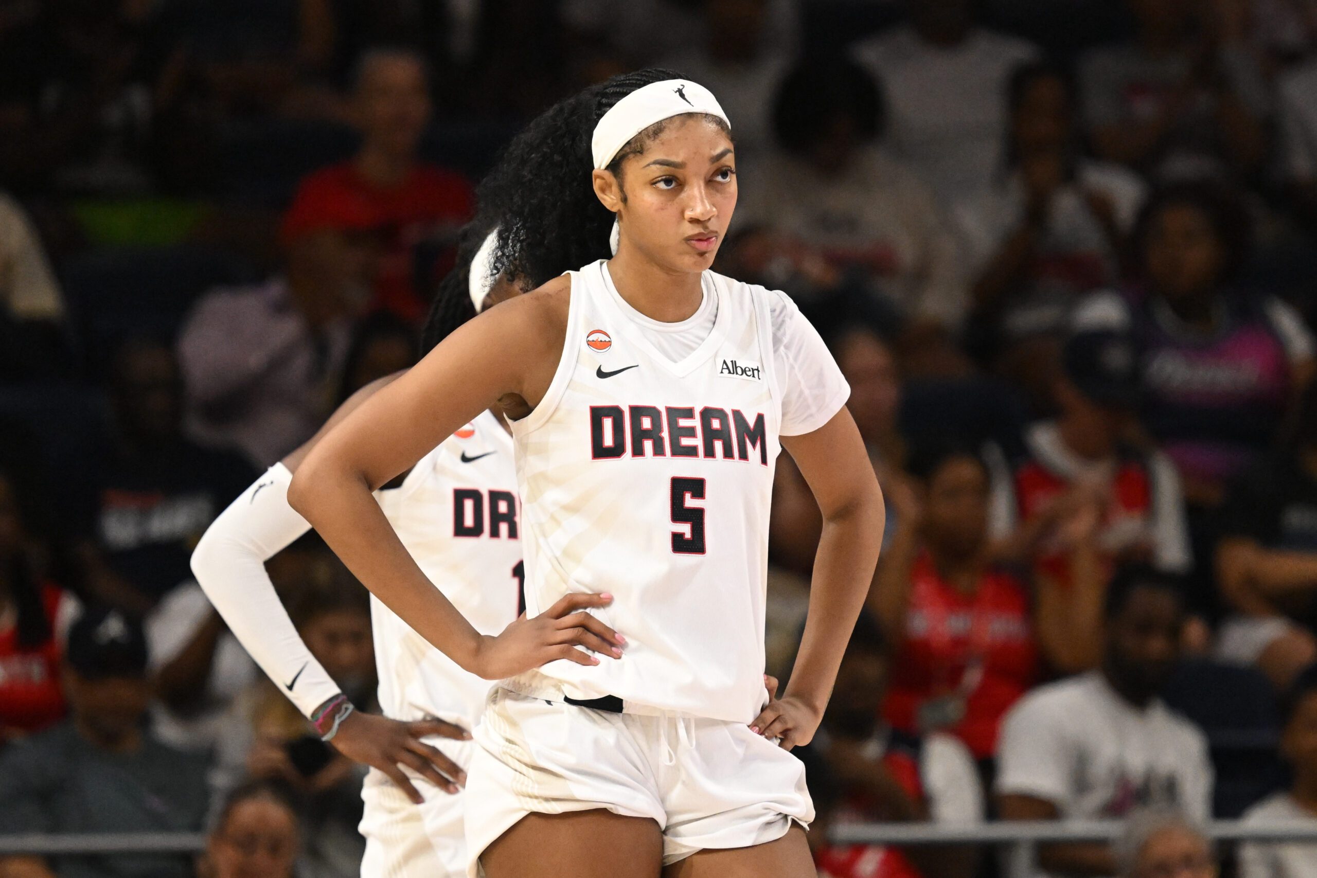 Jul 2, 2026; Washington, District of Columbia, USA; Atlanta Dream forward Angel Reese (5) waits for play to start against the Washington Mystics during the third quarter at CareFirst Arena. Mandatory Credit: Rafael Suanes-Imagn Images