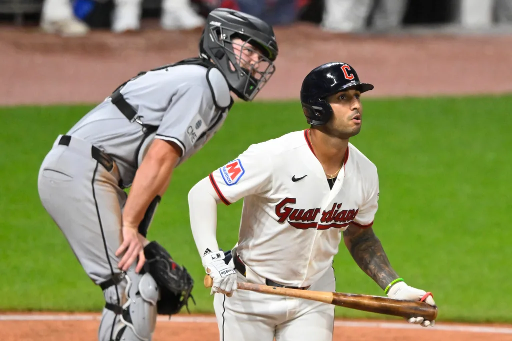 Jul 2, 2026; Cleveland, Ohio, USA; Chicago White Sox catcher Kyle Teel (8) reacts as Cleveland Guardians shortstop Brayan Rocchio (4) watches his two-run game-winning home run in the ninth inning at Progressive Field. Mandatory Credit: David Richard-Imagn Images