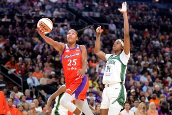 Jul 2, 2026; Phoenix, Arizona, USA; Phoenix Mercury forward Alyssa Thomas (25) against Seattle Storm center Dominique Malonga (14) at Mortgage Matchup Center. Mandatory Credit: Mark J. Rebilas-Imagn Images