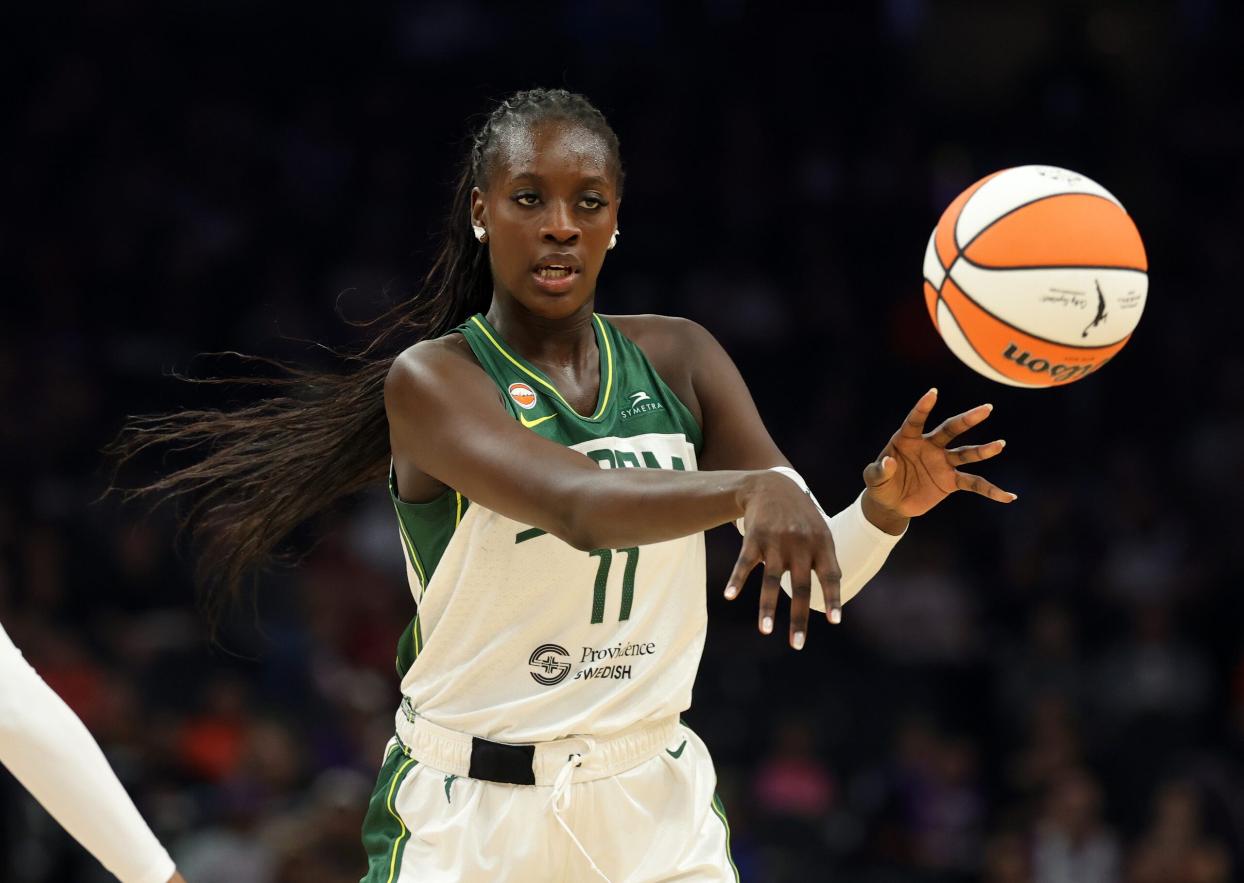 Jul 2, 2026; Phoenix, Arizona, USA; Seattle Storm center Awa Fam (11) against the Phoenix Mercury at Mortgage Matchup Center. Mandatory Credit: Mark J. Rebilas-Imagn Images