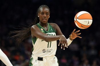 Jul 2, 2026; Phoenix, Arizona, USA; Seattle Storm center Awa Fam (11) against the Phoenix Mercury at Mortgage Matchup Center. Mandatory Credit: Mark J. Rebilas-Imagn Images