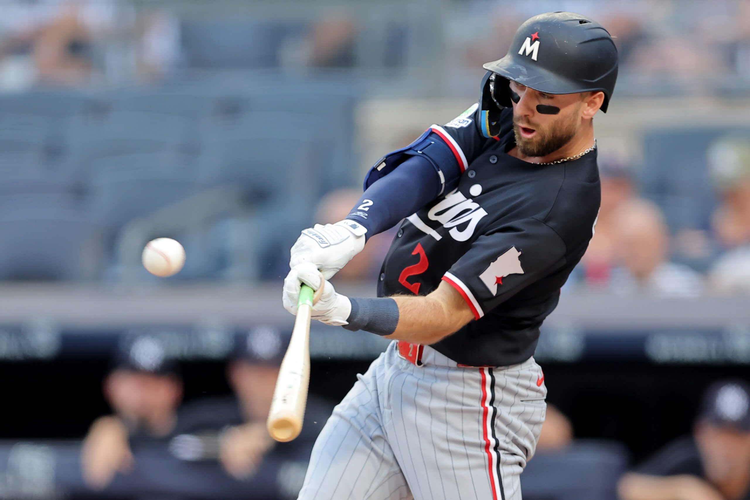Jul 3, 2026; Bronx, New York, USA; Minnesota Twins second baseman Kody Clemens (2) hits a solo home run against the New York Yankees during the first inning at Yankee Stadium. Mandatory Credit: Brad Penner-Imagn Images