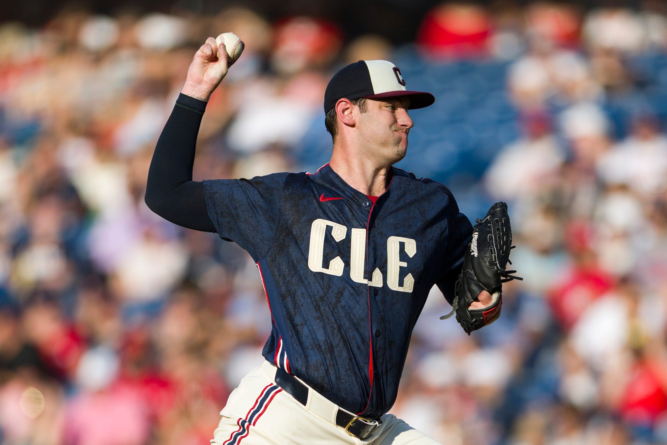 Jul 3, 2026; Cleveland, Ohio, USA; Cleveland Guardians starting pitcher Gavin Williams (32) throws a pitch against the Chicago White Sox at Progressive Field. Mandatory Credit: Scott Galvin-Imagn Images